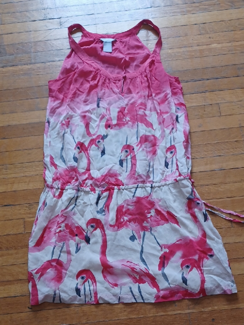 Sleeveless 100% Silk  Flamingo Print Tank Dress in Pink and Cream